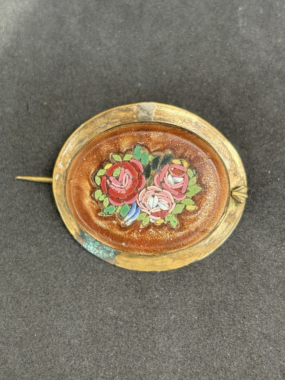 Victorian Vintage Gold Filled Floral Oval Rose Micro Mosaic C Clasp Brooch Pin